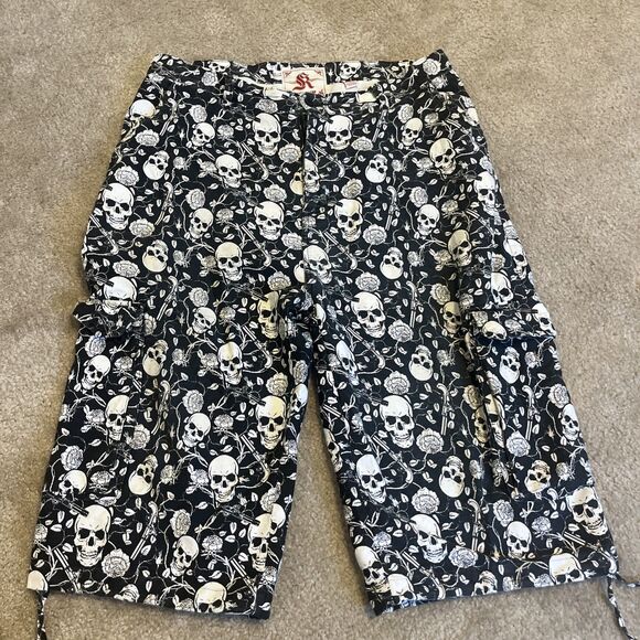KANJI Japan Men's Baggy Cargo Shorts Skull Print Pattern Black /White Size 36 - Picture 1 of 15